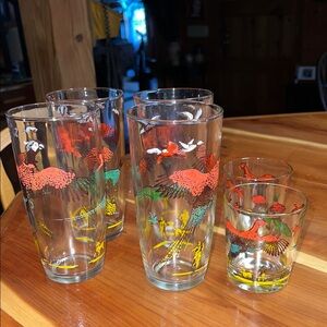 Vintage  Hazel Atlas 5.5” Gold Wing Pheasant High Ball Glasses Set of 6 & 2 Shot